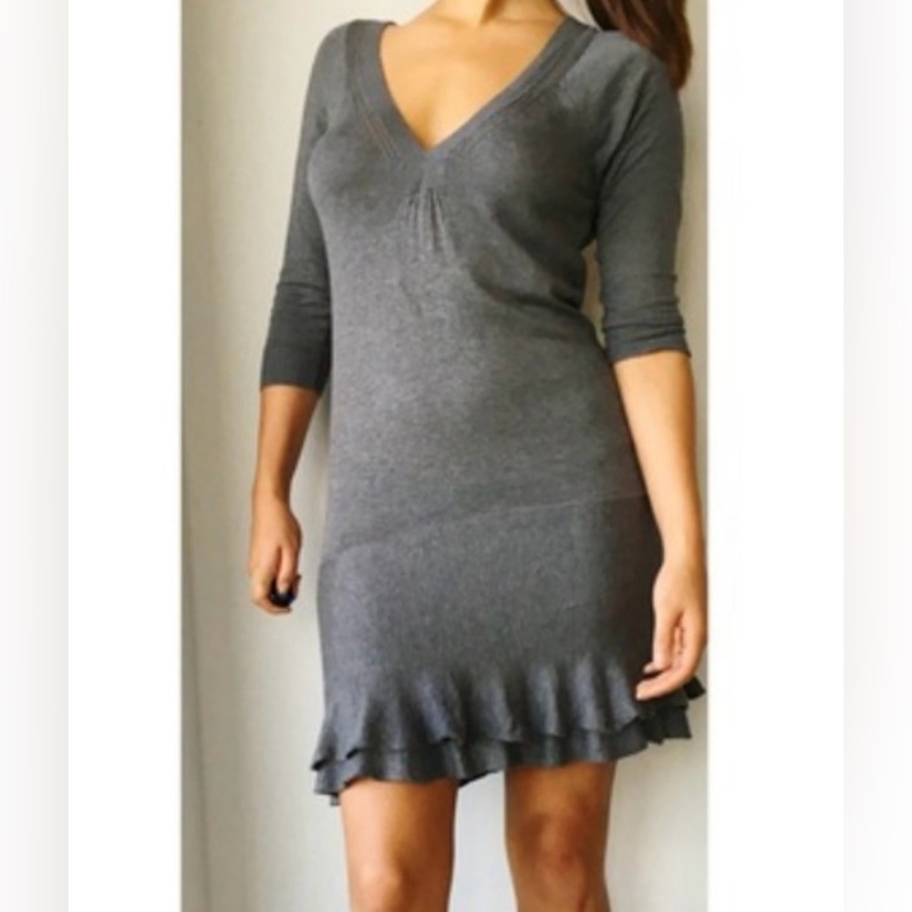 Free People Ruffle Me Up Elegant Gray V-Neck Sweater Dress
